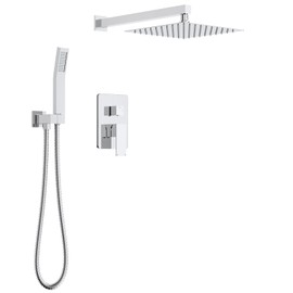 Longriver Shower Faucet Set, Shower System Bathroom High Pressure 10 Inches Rainfall Shower Head with Handheld Spray, Wall Mounted Shower Fixtures with Shower Valve and Trim Kit, Polished Chrome