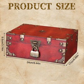 XPJBKC Vintage Wooden Treasure Chest, 24 x 17 x 9.5 cm, Wooden Storage Treasure Chest, Treasure Chest with Combination Lock, Wooden Chest Treasure Chest for Children's Birthday Wedding Decorating, Red