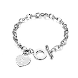yipima Initial Heart Charm Bracelets for Women 14K gold/Silver Tone Stainless Steel OT Clasp Heart A-Z Letter Name Bangle Bracelet Gifts (E, Stainless Steel)