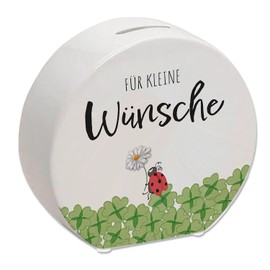 Ladybird in Clover Field Money Box with Saying for Small Wishes, Perfect as a Lucky Charm for Florists, Sweet Flower Decoration and Practical Tip Till for Saving