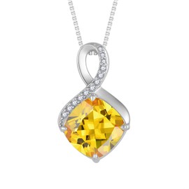 FJ Infinity Chain Women's 925 Sterling Silver Square Princess Cut Necklace Pendant Birthstone Jewellery Gifts for Women, Cubic Zirconia, Citrine