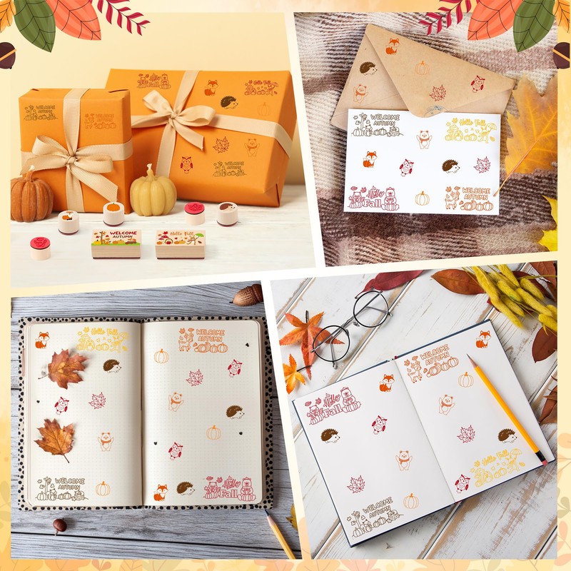 15Pcs Fall Wooden Rubber Stamps Set Autumn DIY Craft Card
