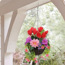 Artificial Fake Hanging Flowers Plants Basket for Outdoor Spring Decor, Faux Silk Flower in Planter Look Real Faux Bougainvillea Flower Arrangement for Porch Home Patio Garden