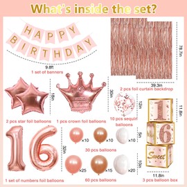 Sweet 16 Party Decorations, 114Pcs 16th Birthday Decorations for Girls, Sweet Sixteen Party Decorations Balloons Rose Gold, Sweet 16 Happy Birthday Banner Kit