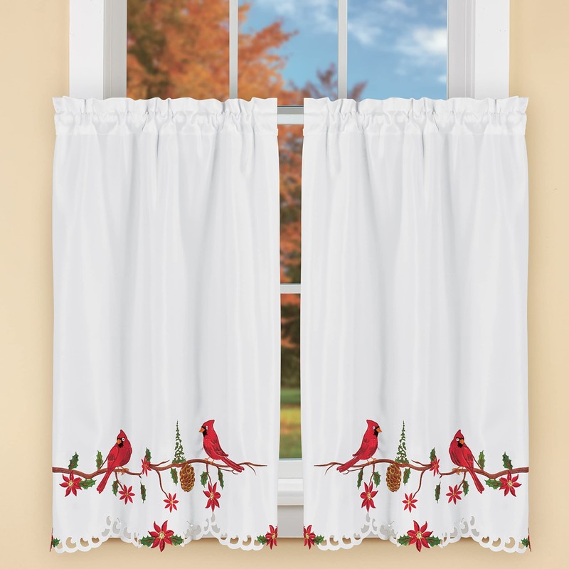 Collections Etc Cardinal & Pine Embroidered Window Curtains