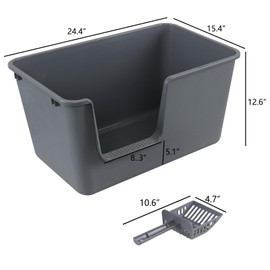 Rinboat 4 Packs Large Open Top Cat Litter Box, High Sides Cat Litter Pan, Including 4 Cleaning Scoops, Gray