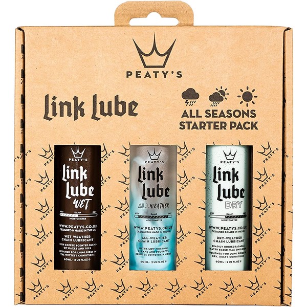 Peaty's LinkLube All-Season Bike Chain Lubricant Starter Pack, 60ml Wet Lube, 60ml Dry Lube & 60ml Mixed Weather Lube, Gift Pack