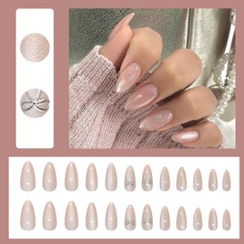 Pack of 24 Stick-On Nails Almond, French Tip Press On Nails Pink Cat Eye Artificial Nails, Fingernails for Sticking with 3D Bow, Acrylic Full Cover False Nails for Women and Girls Nail Art