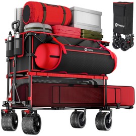 400L Large Capacity Folding Double Decker Wagon with Brakes, 50" Extra Long Extender Cart, 500lbs Heavy Duty Collapsible Wagons, All-Terrain Big Wheels for Camping, Sports, Shopping. Red&Black