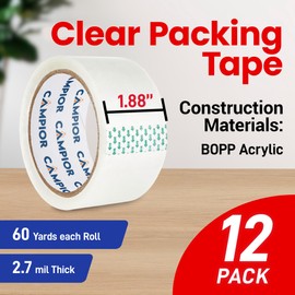 Campior Clear Packing Tape - Heavy Duty Packaging Tape for Shipping, Packaging, and Sealing, 1.88In x 60 Yards, 2.7mil Thick, For Personal and Professional Use, Thick Clear Packing Tape, 12 Tape Rolls