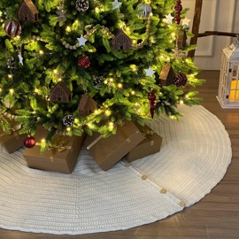 72-Inch Rib Knit Christmas Tree Skirt with Oak Buttons, Cream White