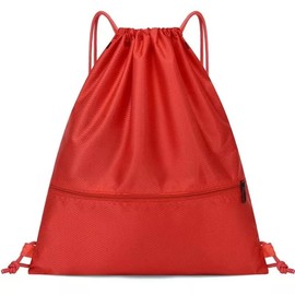 FATASH Large Drawstring PE Bag with Zipper Pocket, Waterproof Swimming & Gym Bag, Kids & Adult Unisex Design, Rucksack For School, Outdoor, Sports & Travel Red