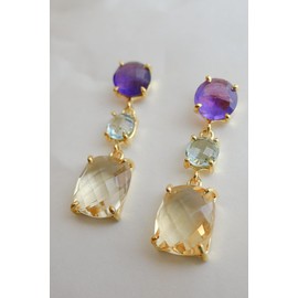 Amethyst Blautopas Citrin vergoldet 925 Sterling Silber Ohrringe - Natürlicher Edelstein - Geburtstagsgeschenk - Weihnachtsgeschenk - Handgefertigte Geschenkideen für Frauen