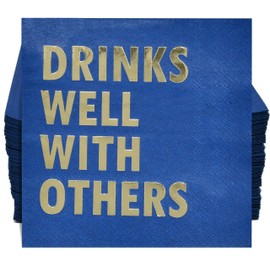 100 Pcs Drinks Well With Others Cocktail Beverage Napkins Disposable Blue & Gold Foil Funny Paper Dessert Napkin for Wine Bar Birthday Party Supplies