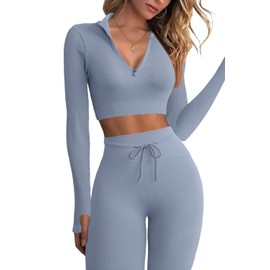 QINSEN Long Sleeve Workout Tops For Women 2 Piece GMY Yoga Outfits Seamless Sport Running Active Wear Leggings Sets Grey M