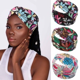 Fashband Boho Headbands Elastic Twist Headband Black Flower Print Hair Bands Criss Cross Head Scarf Workout Yoga Hair Accessories for Women and Girls (Pack of 3)