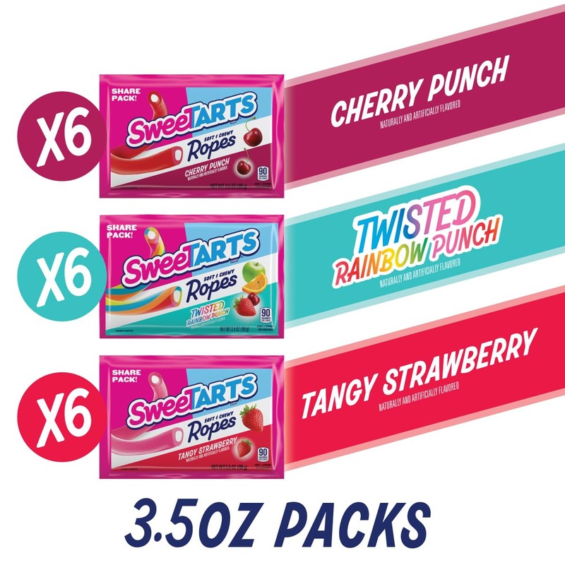 SweeTARTS Ropes Candy, Variety Box, Soft and Chewy, 18 Individually
