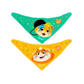 LULABI 44 GATTI BOY - Set of 2 Baby Bibs, 100% Soft Cotton with "44 Cats" Print, Bib Pack, Button Closure, Hypoallergenic, Reusable, Unisex, 21 x 17 cm - Colourful