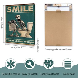 Qiukoo Wall Art Funny Skeleton Picture for Toilet – Framed Bathroom Sign with Hooks, Waterproof and Moisture-Resistant Artwork, Humorous Bathroom Decor Gift, 12x16 Inch