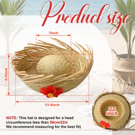 Cuffbow 4 Pcs Hawaii Straw Hat Pava Hat Puerto Rico Hibiscus Beachcomber Panama Cap Hawaiian Luau Farmer Cap Sombrero Headwear for Summer Pool Party Props Accessories(Natural)