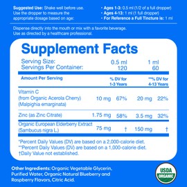 Elderberry for Kids Liquid Drops with Vitamin C & Zinc - 2oz - Children and Toddler Immune Support Supplement USDA Organic Sambucus Elderberry Extract Ages 1-13 Years - Made in USA - 2 fl oz