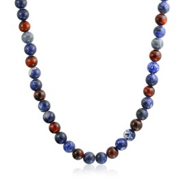 Bali Style Gemstone Blue Sodalite Brown Tiger Eye Ball Bead Strand Necklace for Men Women Stainless Steel Hook Clasp