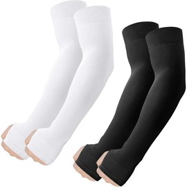 Arm Sleeves with Thumb Hole, UV Sun Protection Cooling Compression Cover Sports for Men/Women Elbow Guard:_2 Pairs - Black+white
