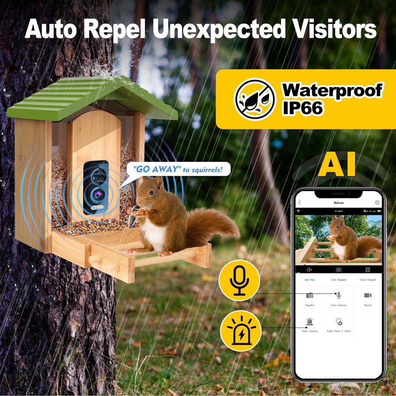 Smart Bird Feeder with Camera,Premium Bamboo Wood–2.5K UHD AI-Powered Recognition,