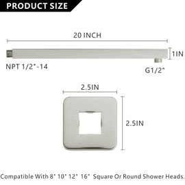 Voolan 20“ Square Shower Arm with Flange and Teflon Tape, Extension Shower Head Arm for Bathroom Fixed Shower Head, Solid Stainless Steel, Wall Mounted (Brushed Nickel)