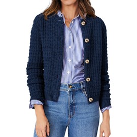 PRETTYGARDEN Women's Knit Cardigan Sweaters Casual Long Sleeve Open Front Button Down Trendy Jackets Outerwear (Dark Blue,Large)