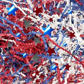 Crinkle Cut Paper Shred Filler for Gift Wrapping, Shredded Paper for Festival Gift Baskets,Red Blue White Basket Fillers for Holiday Party Decor Filling Supplies (Independence Day Theme, 100g(0.22LB))