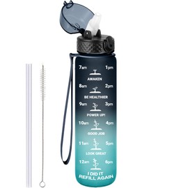 GOPPUS 1L/32oz Tritan Water Bottle with Straw Matte 1 Litre Sports Bottle with Time Markings Motivational Drinking Bottles with Measuring Reusable Gym Bottles Leakproof Bottles BPA Free for Men Women