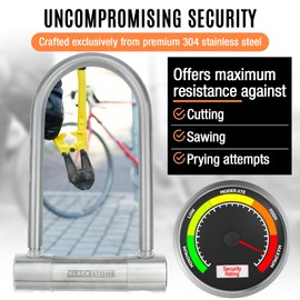 BLACKSTONE Stainless Steel U Bike Lock - 130dB Alarm, Reinforced 14mm Shackle - Ideal for Urban Cyclists & E-Bikes w/Double-Looped Steel Cable