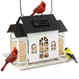 Solar Bird Feeder House for Outdoors, Metal Large Capacity 3-Compartment Wild Bird Feeder with Suet Holder, Weatherproof Garden Decoration (White)
