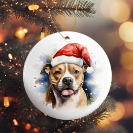 Staffy Pitty Pitbull Santa Hat Christmas Ornament - Cute Funny Pet Christmas Ornament for Staffy Pitty Pitbull Dog Owner - 3" Round Ornament for Christmas Weddings X-Mas - Printed in USA- FHJO0005