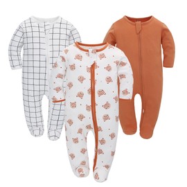Newborn Baby Boys Girls Romper with Foot Baby Pyjamas One-Piece Long Sleeve Jumpsuit Infant Spring Autumn Bodysuit, Pack of 3, orange