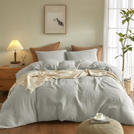 Boqingzhu Doppelte Muslin Bettwäsche 135x200cm Baumwolle Grau Hellgrau Weich Kuschelig Sommer Baumwollbettwäsche Set Leinen Bettbezug 135x200cm und Kissenbezug 80x80cm mit Reißverschluss