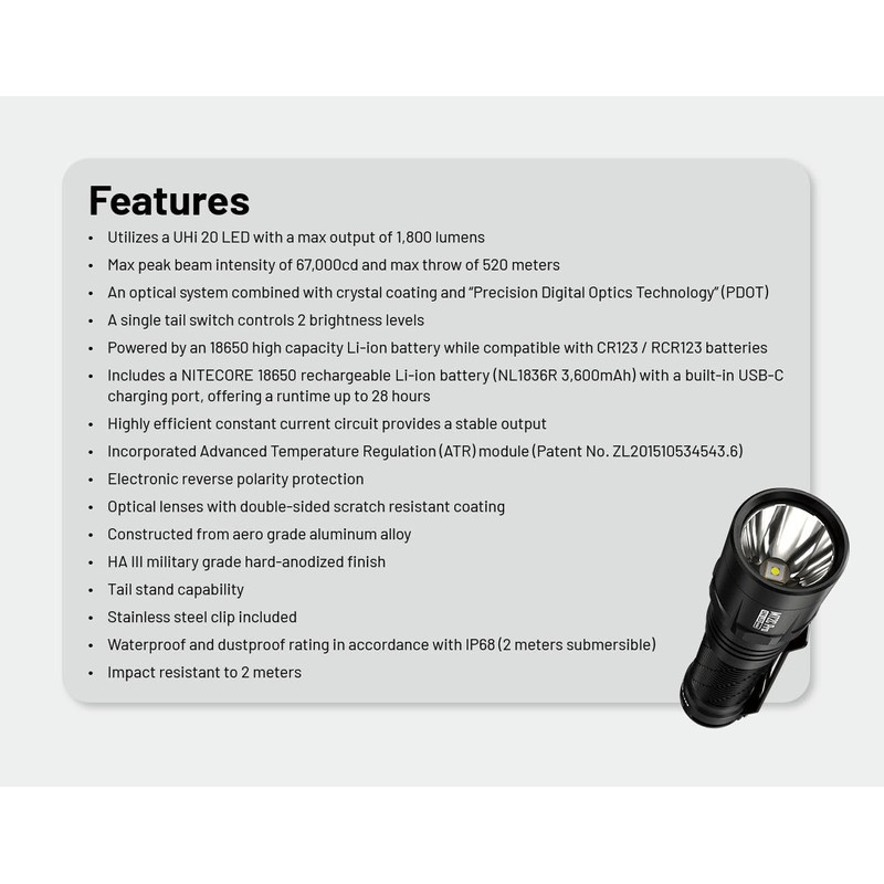 Nitecore MT2C Pro High Output Compact Flashlight- 1,800 Lumens w/