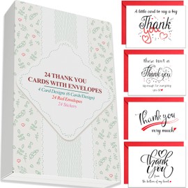HOMEVAGE Thank You Cards with Envelopes (24 Pack 3.5"x5") – 350gsm Cardstock – Wedding, Baby Shower, Graduation, Funeral, Teacher, Christmas, Thanksgiving – Includes Red Envelopes & Stickers
