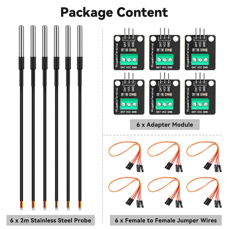 YELUFT 6 Pack DS18B20 Temperature Sensor High-Accuracy Stainless Steel Temperature