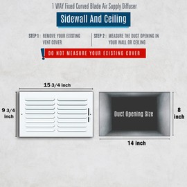 Fits 14x8 Duct Opening 1 Way Fixed Curved Blade Air Supply Diffuser by Handua | Register Vent Cover Grille for Sidewall and Ceiling | White | Outer Dimensions: 15.75" X 9.75"