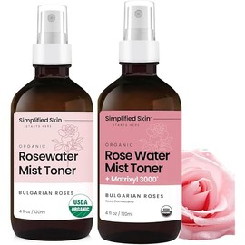 Rose Water Facial Mist & Organic Rose Water Bundle - Hydrating Face Toner & Makeup Setting Spray with Aloe Vera, Hyaluronic Acid, & Matrixyl 3000-4 Fl Oz