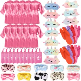 Bonuci 50 Pcs Spa Party Supplies for Girls, 10 Satin Robe 10 Kids Slippers Sleepover Birthday Spa Party Favors (Pink)