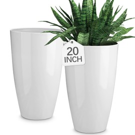 RimCereal 2 Pack 20 Inch Tall Plastic Planters for Indoor and Outdoor Plants White Large Flower Pots Modern Home Decor for Front Porch Patio Deck Living Room
