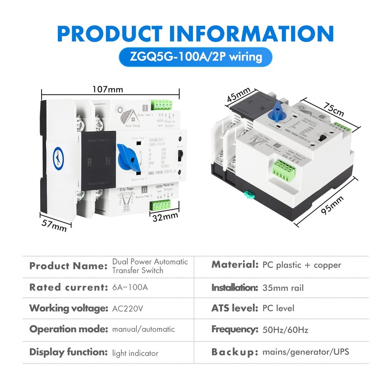 DEWIN Transfer Switch, Automatic Transfer Switch 2P 100A 230V AC