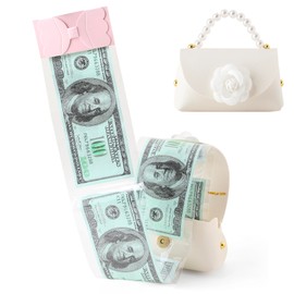 Money Pull Box for Cash, Surprise Money Boxes with Pearl Handle PU Leather Mini Rose Handbag with 30 Pcs Transparent Bags for Birthday Anniversaries Party Christmas