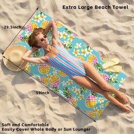 Tropical Pineapple Microfiber Beach Towel,Plumeria Extra Large Sandproof Quick Dry Thin Beach Towels for Swim Picnic Outdoor,Portable Lightweight Absorbent Camping Towel for Women Men,29.5” X 59”