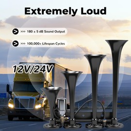 4 Trumpet Train Horn Kit 180dB - Super Loud Air Horn for Trucks, Compatible with 12V/24V Pickups, SUVs, Motorhomes, Boats & Commercial Vehicles (Parallel 4-Trumpet Black)