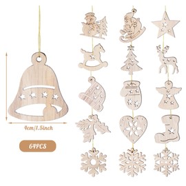 64-piece wooden Christmas tree decoration, 16 different motifs pendant set, wooden pendant for decoration of the Christmas tree, Christmas tree decorations