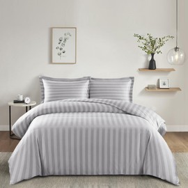 Imperial Rooms Duvet Cover Sets – Stripes Satin Quilt Cover Bedding Sets with Pillowcase, Reversible Ultra Soft Hypoallergenic Microfiber Bed Covers (Silver, Single)